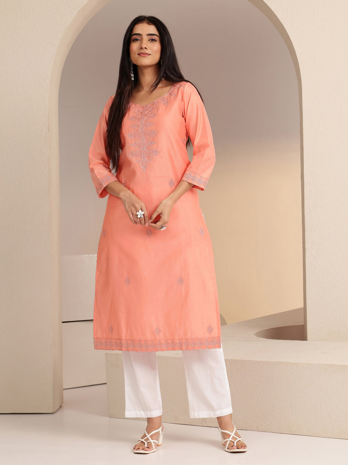 Libas Peach Embroidered Silk Blend Straight Kurta