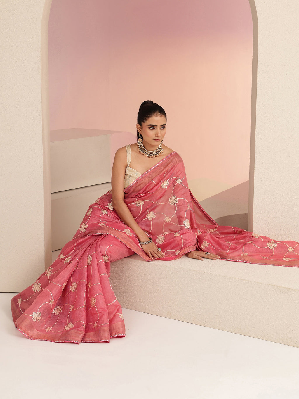 Libas Peach Floral Embroidered Tissue Saree