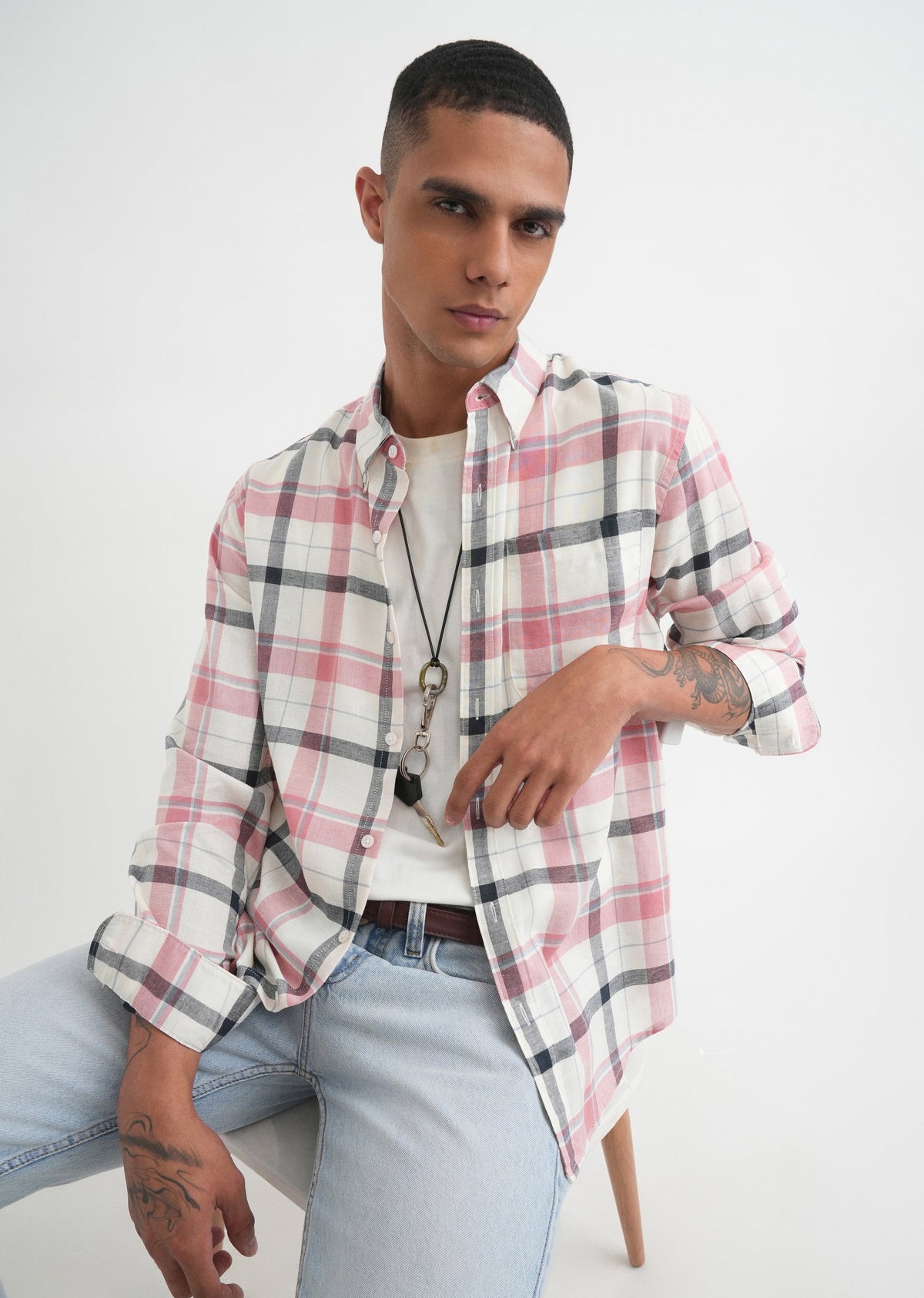Peach Lyocell Linen Check Shirt