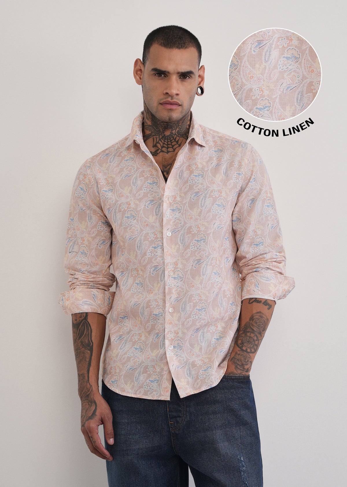 Peach Paisley Print Cotton Linen Shirt