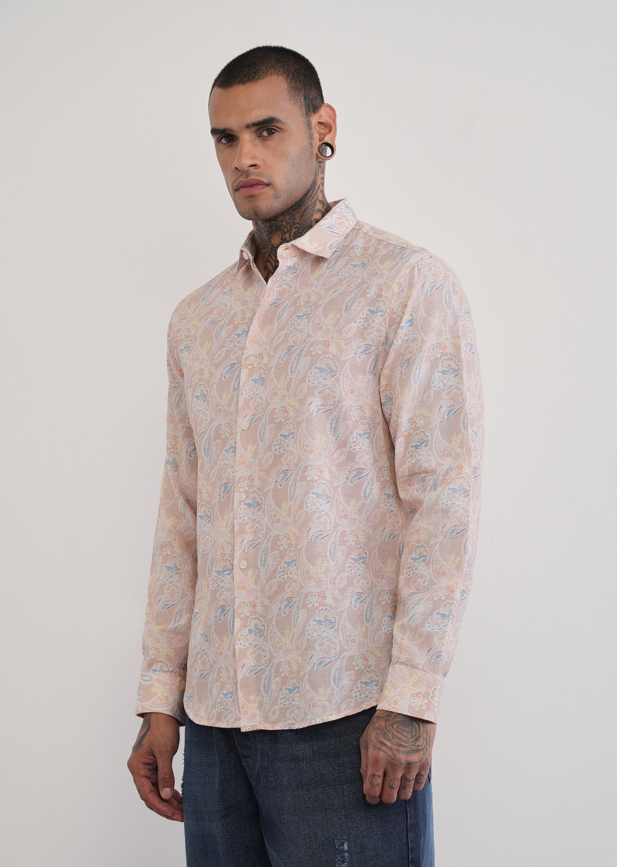 Peach Paisley Print Cotton Linen Shirt