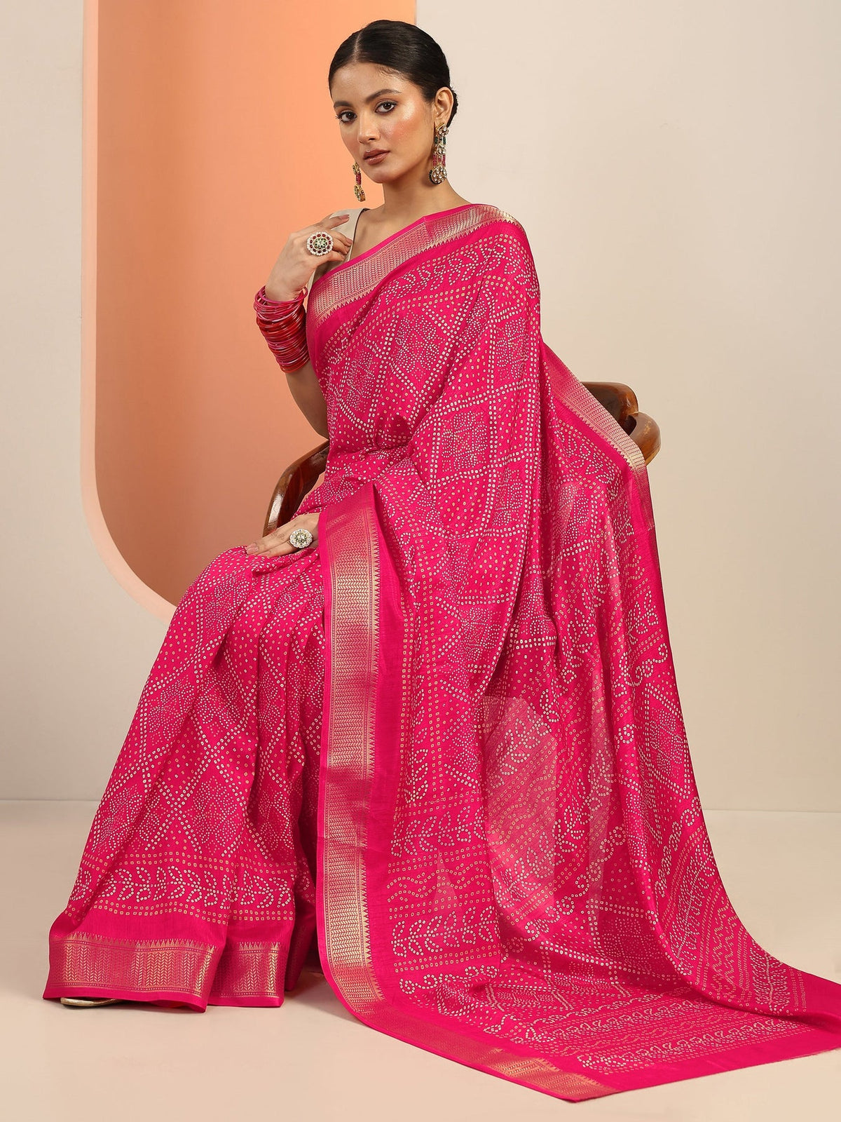 Libas Pink Printed Silk Blend Saree With Unstitched Blouse Piece S45