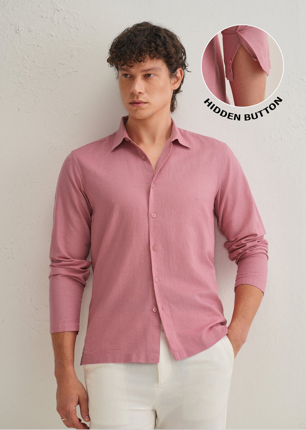 Pink Hidden Sleeve Placket Cotton Linen Shirt