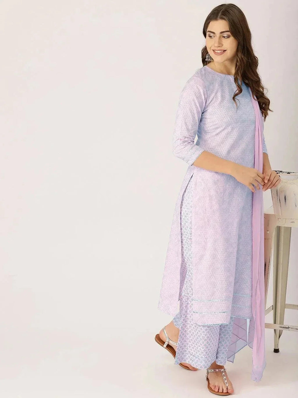 Gerua Pink Printed Viscose Rayon Straight Kurta With Palazzos & Dupatta