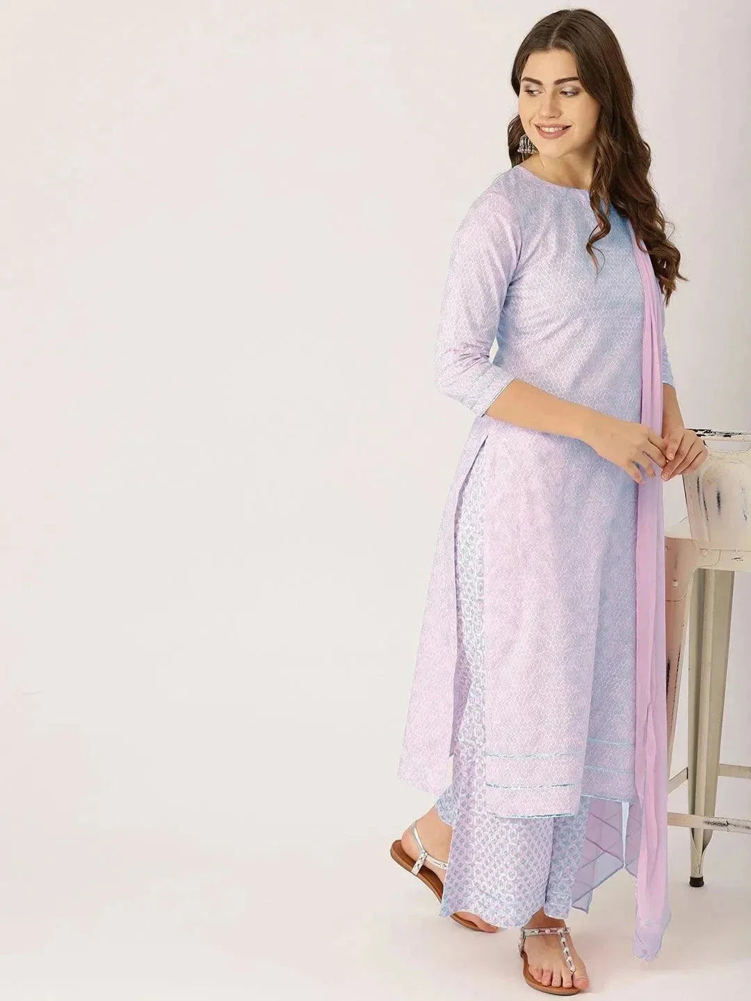 Gerua Pink Printed Viscose Rayon Straight Kurta With Palazzos & Dupatta