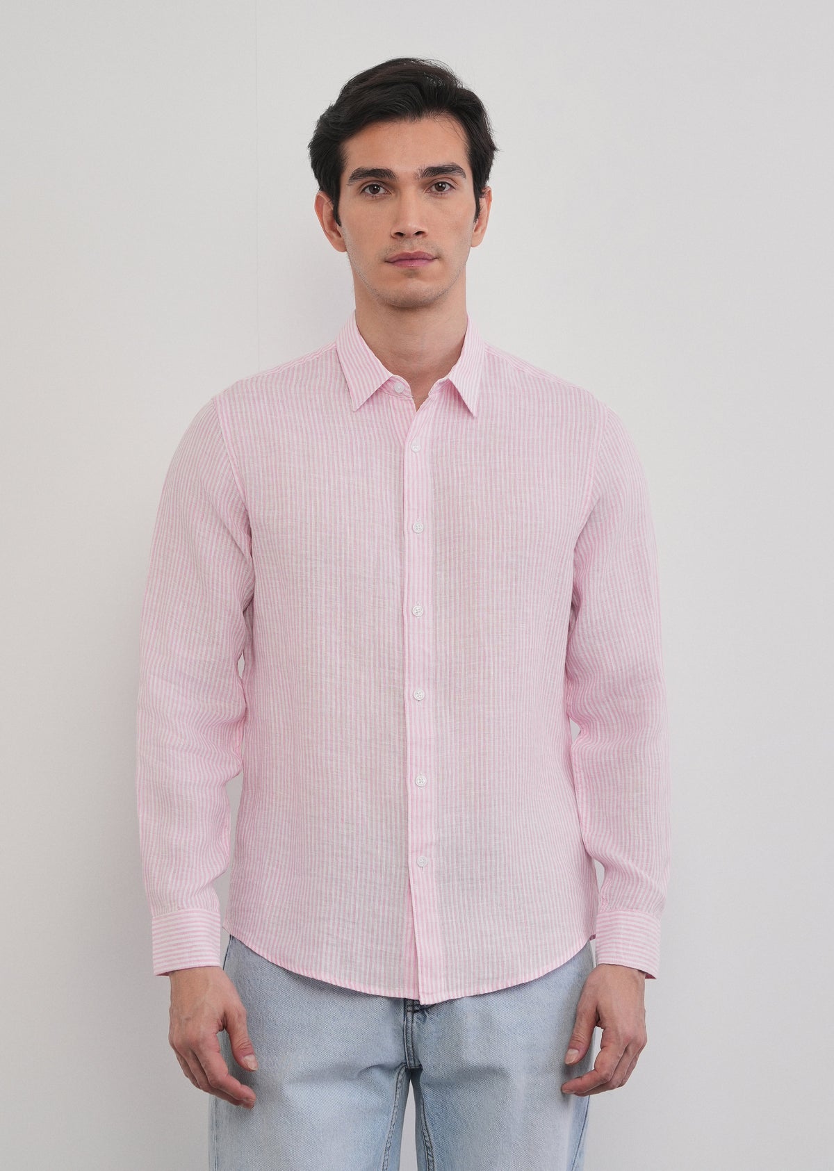 100% Linen Pink Self-Stripe Shirt