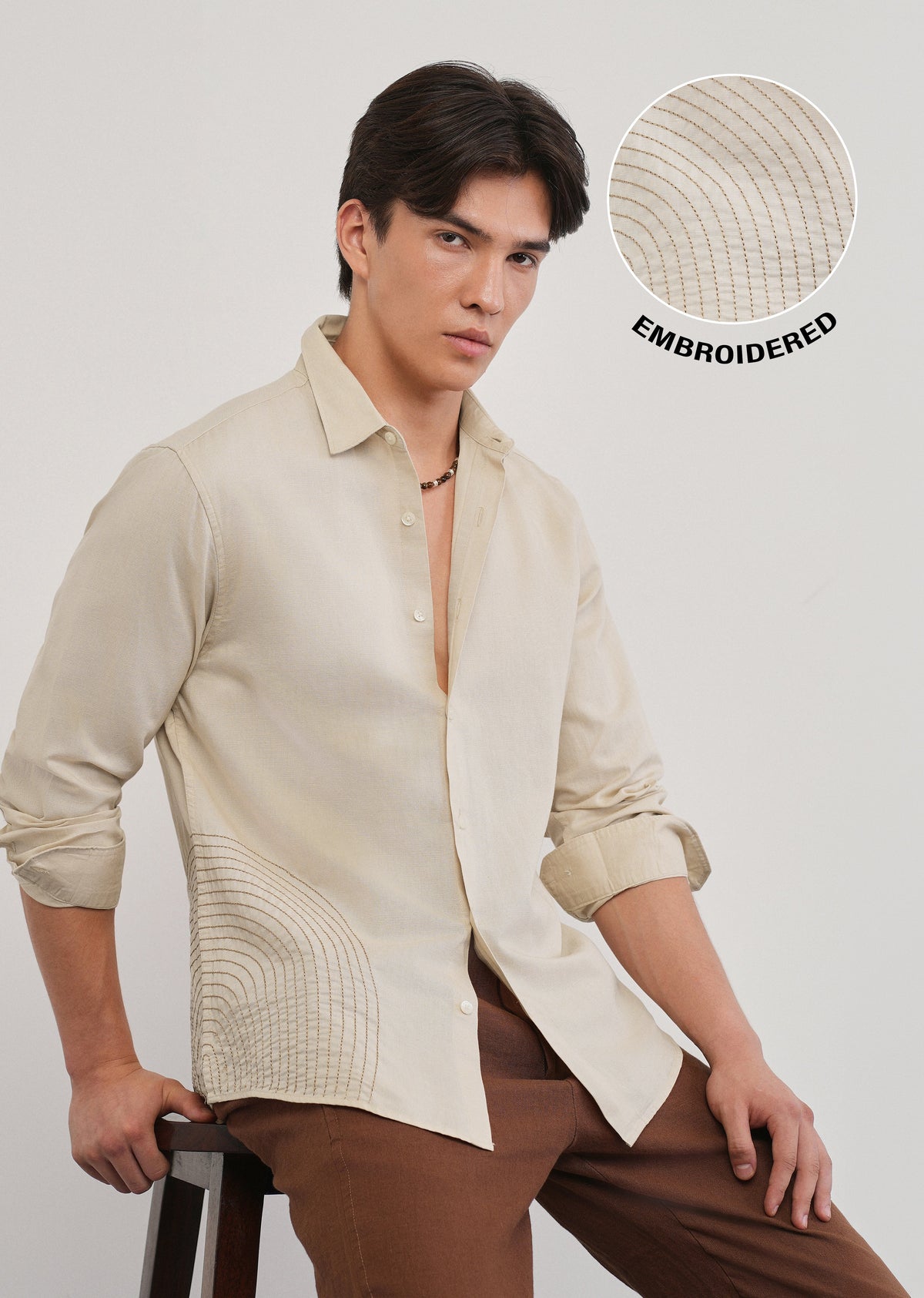 Placement Embroidered Beige Shirt