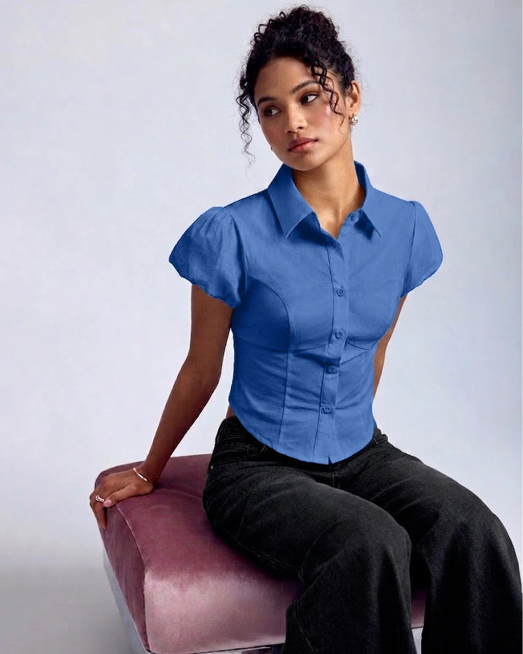 XS Puff Sleeve Crop Top in Blue CT98