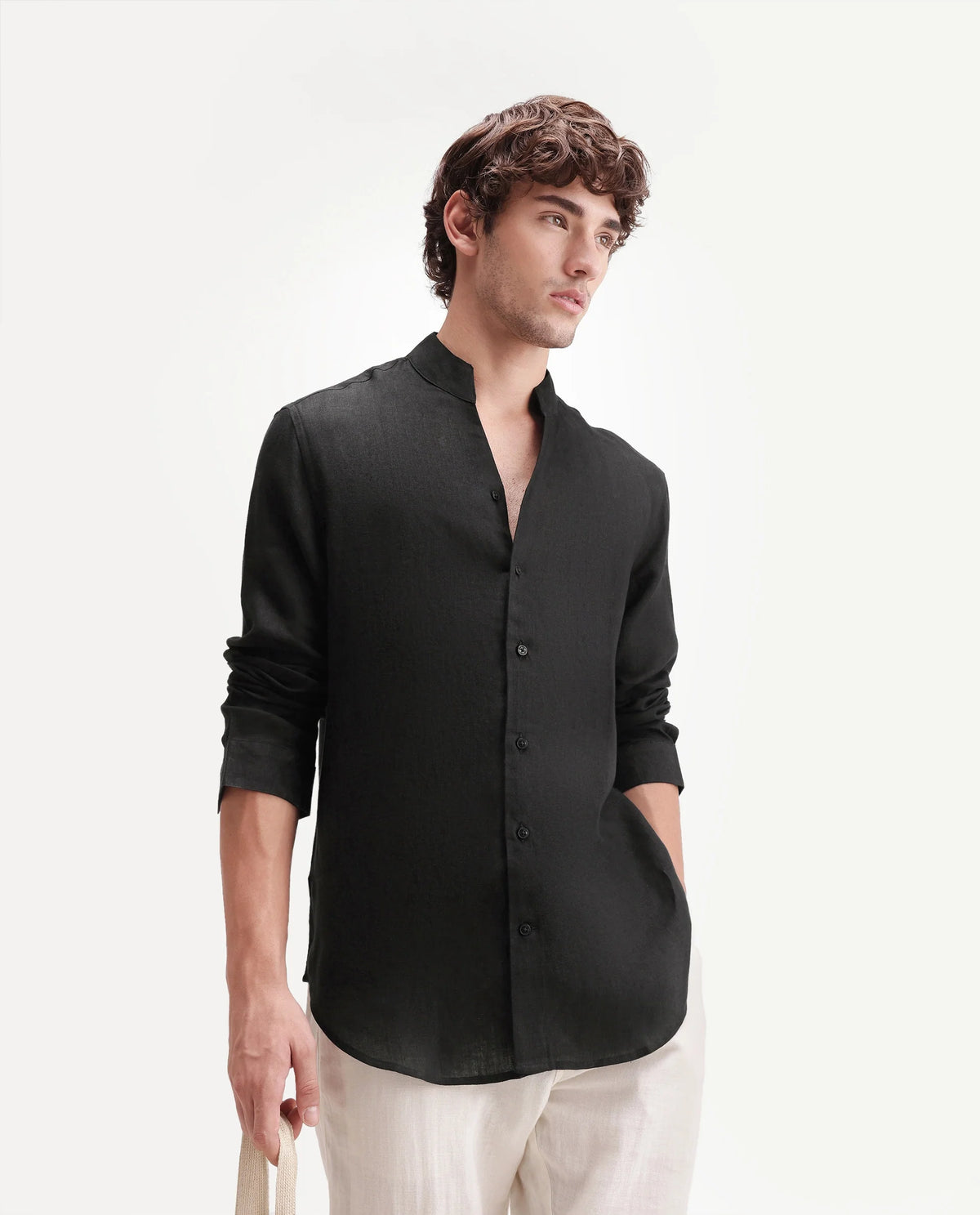 MANDARIN COLLAR PLAIN SHIRT GUILD CASUAL - FIG - BLACK morris.lane