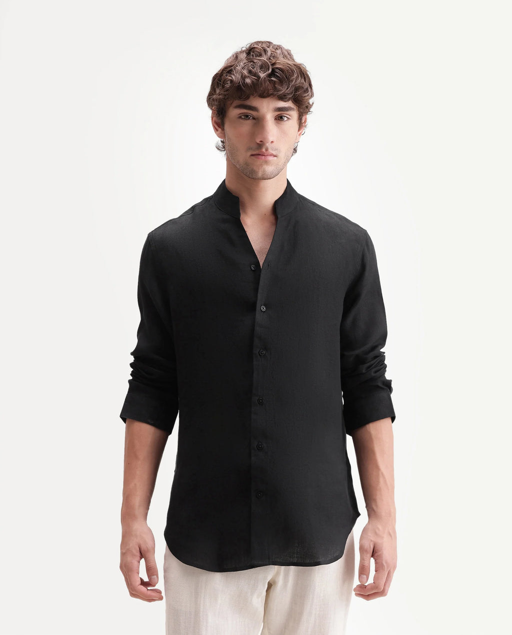 MANDARIN COLLAR PLAIN SHIRT GUILD CASUAL - FIG - BLACK morris.lane