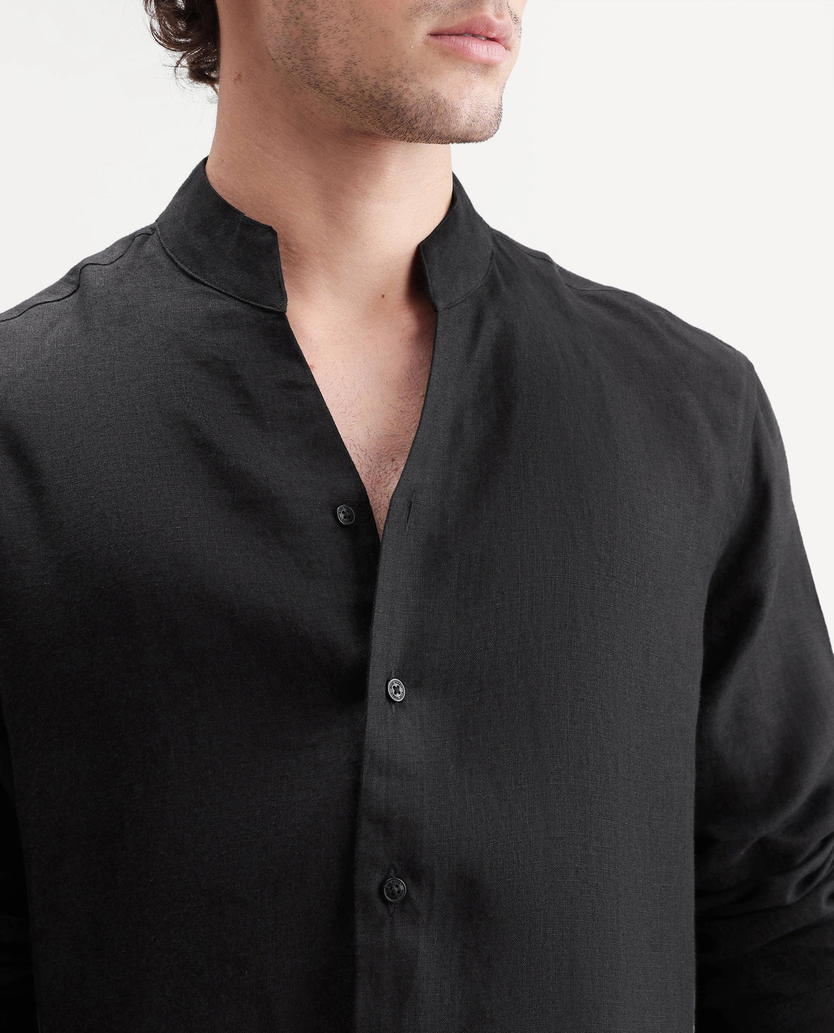MANDARIN COLLAR PLAIN SHIRT GUILD CASUAL - FIG - BLACK morris.lane