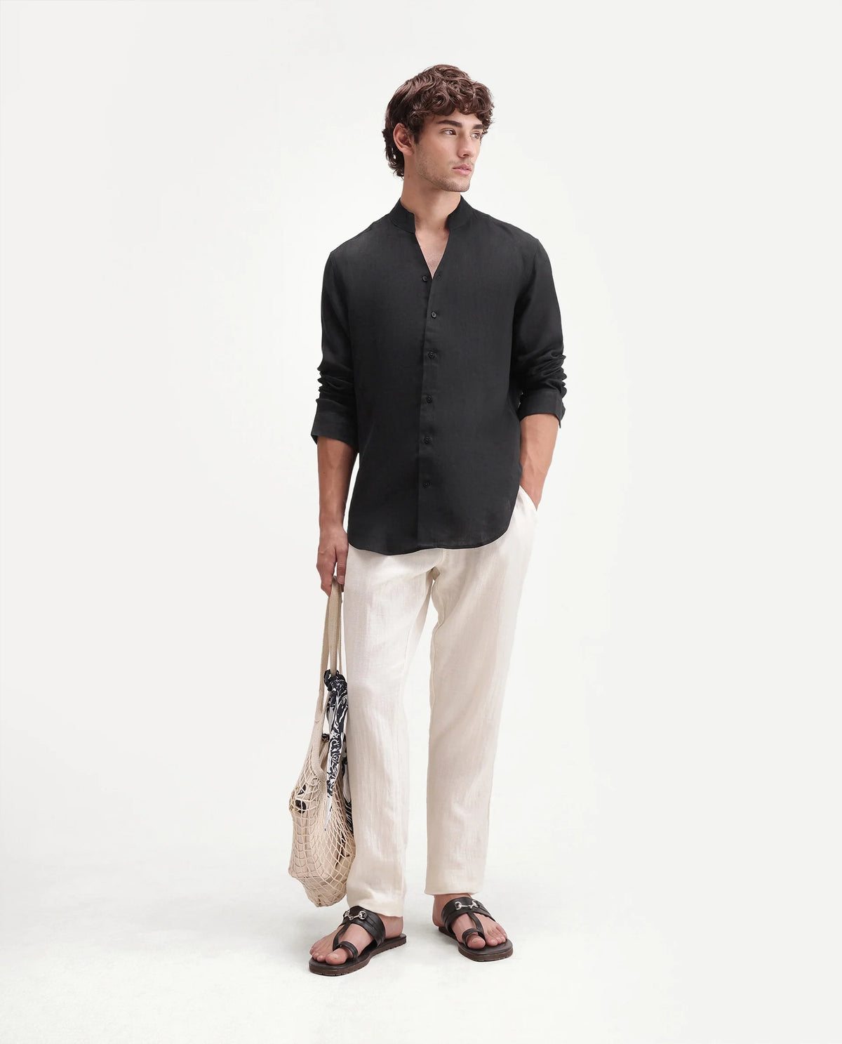 MANDARIN COLLAR PLAIN SHIRT GUILD CASUAL - FIG - BLACK morris.lane