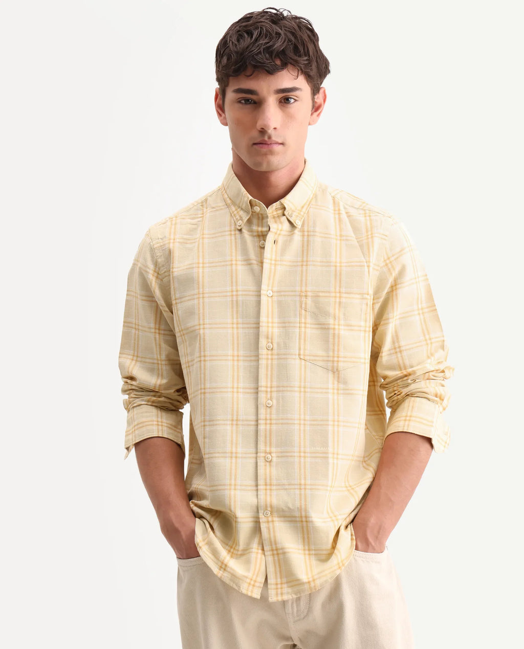 REGULAR FIT CHECKED SHIRT JAZE - YELLOW morris.lane