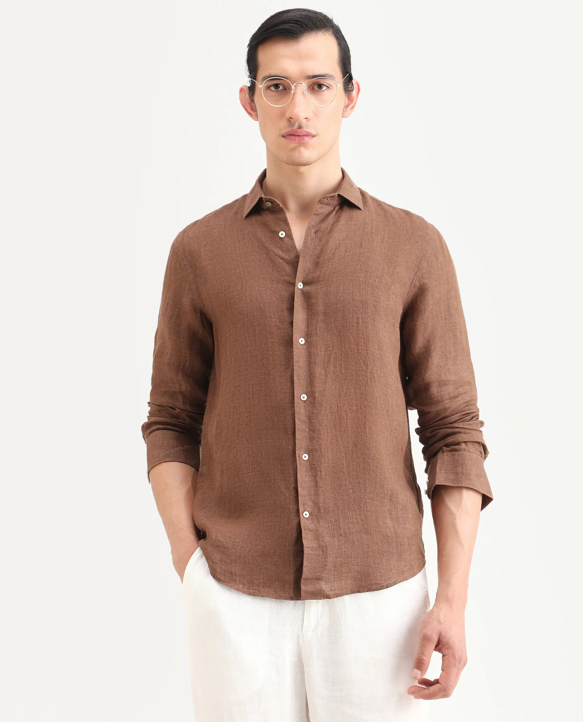 ELEVATED CASUAL MELANGE 100% LINEN SHIRT BORIUM-25 - BROWN morris.lane