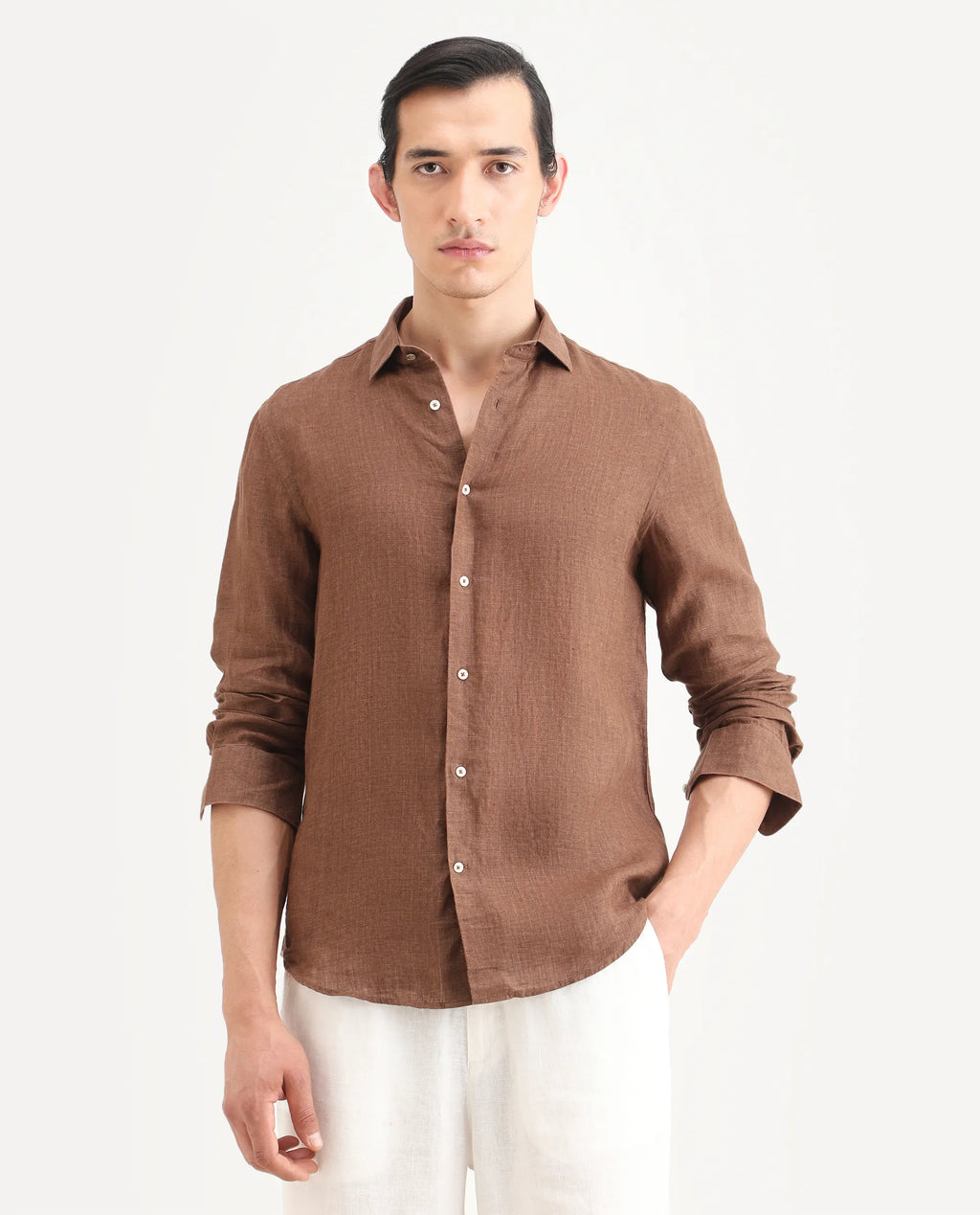 ELEVATED CASUAL MELANGE 100% LINEN SHIRT BORIUM-25 - BROWN morris.lane