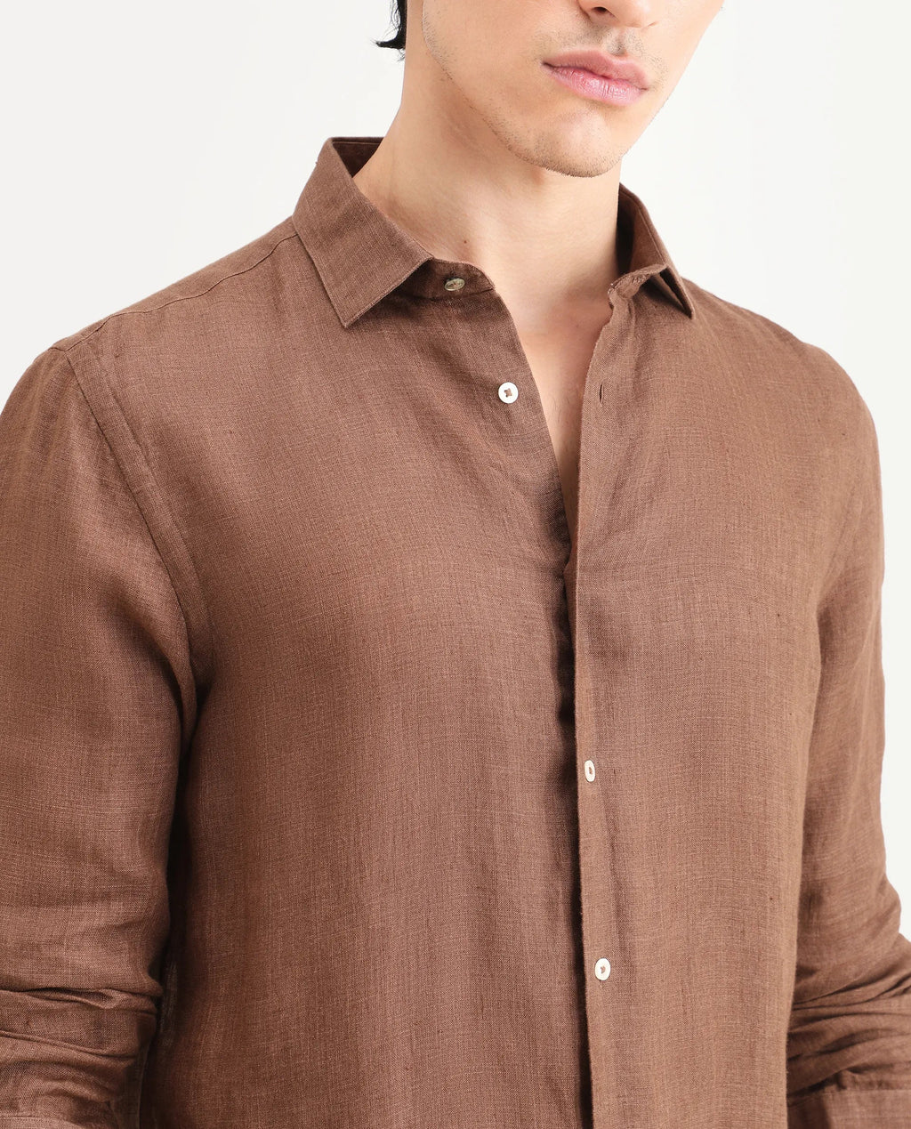 ELEVATED CASUAL MELANGE 100% LINEN SHIRT BORIUM-25 - BROWN morris.lane