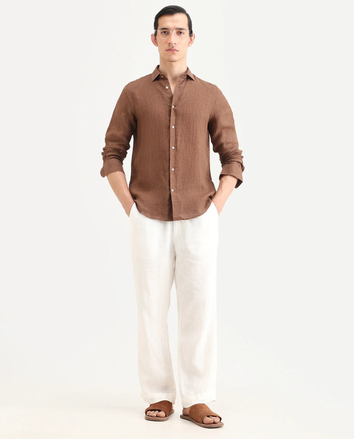 ELEVATED CASUAL MELANGE 100% LINEN SHIRT BORIUM-25 - BROWN morris.lane