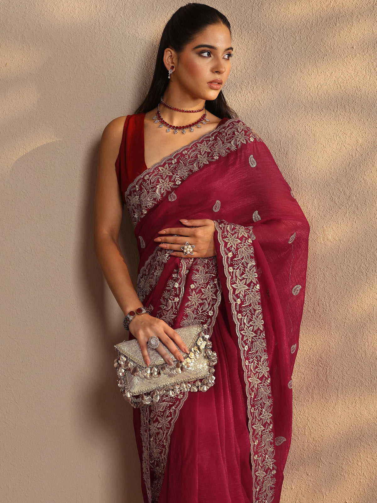 Libas Red Paisley Embroidered Silk Blend Saree With Unstitched Blouse Piece S45
