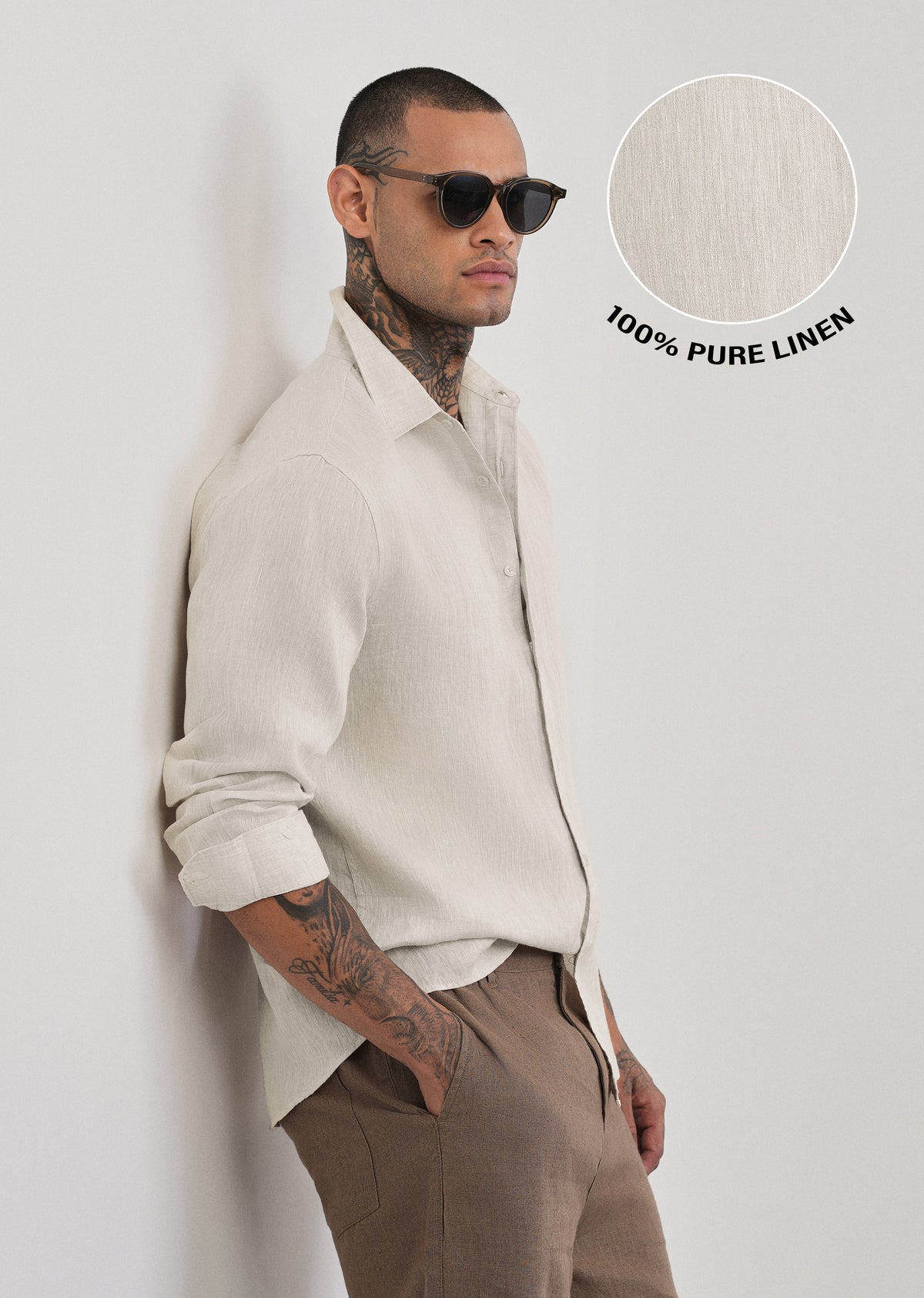 100% Pure Linen Beige Plain Shirt
