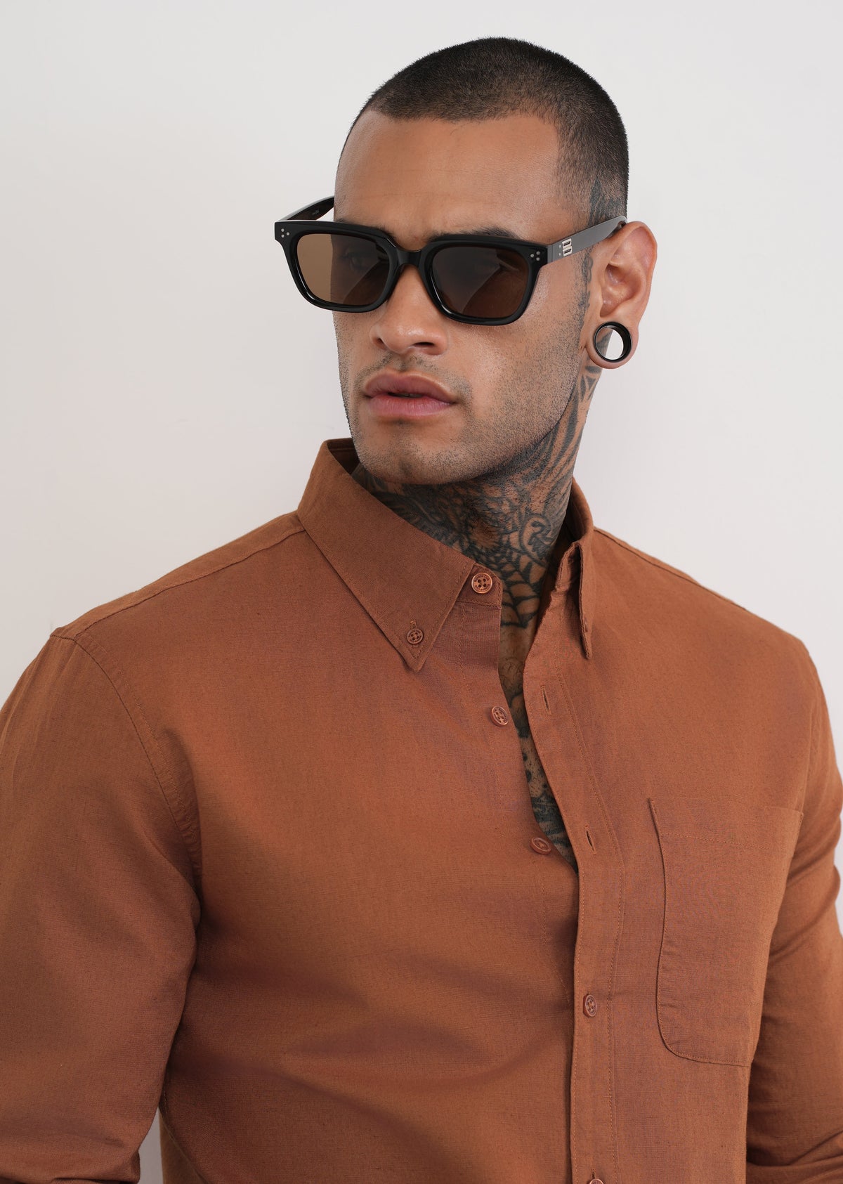 Rust Brown Cotton Linen Plain Shirt