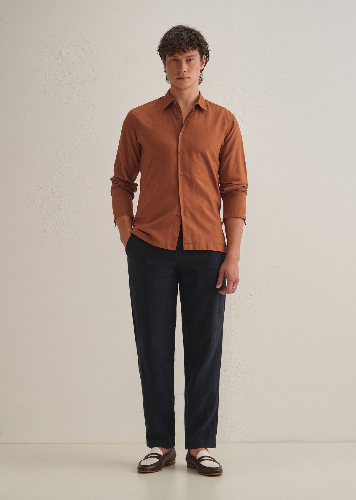 Rust Brown Hidden Sleeve Placket Cotton Linen Shirt