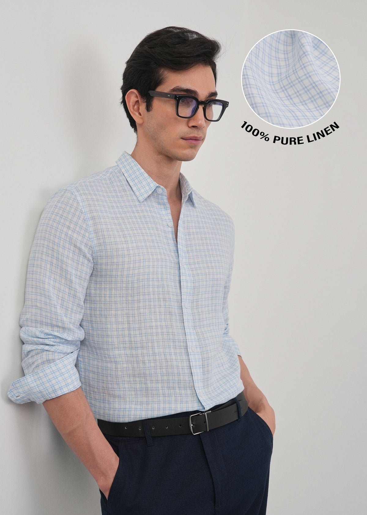 Sky Blue 100% Pure Linen Check Shirt