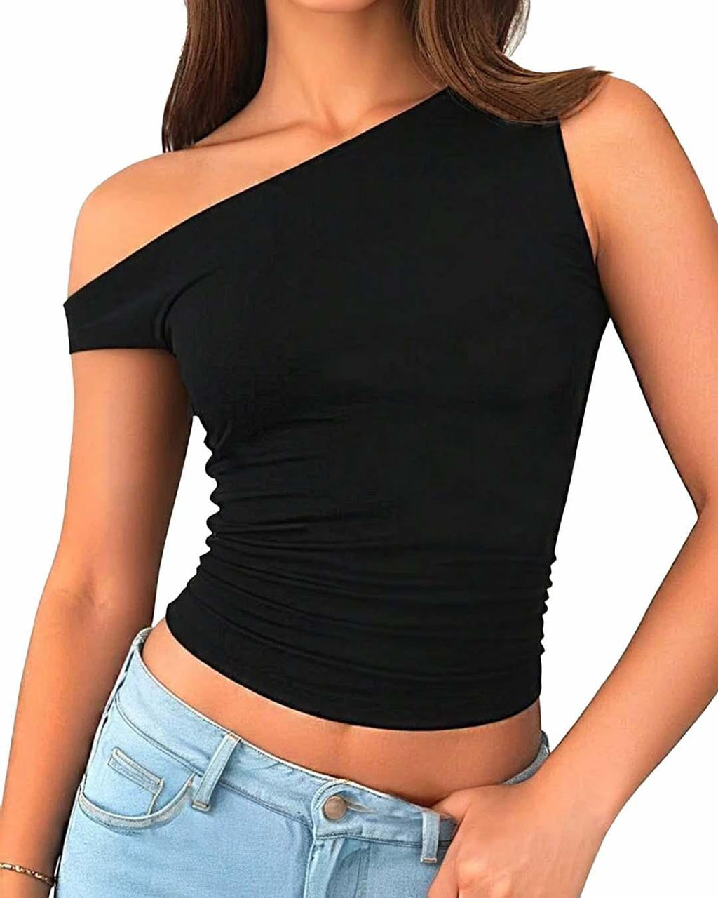XS Slant Shoulder Asymmetrical Neckline Cropped Top CT98