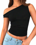 XS Slant Shoulder Asymmetrical Neckline Cropped Top CT98