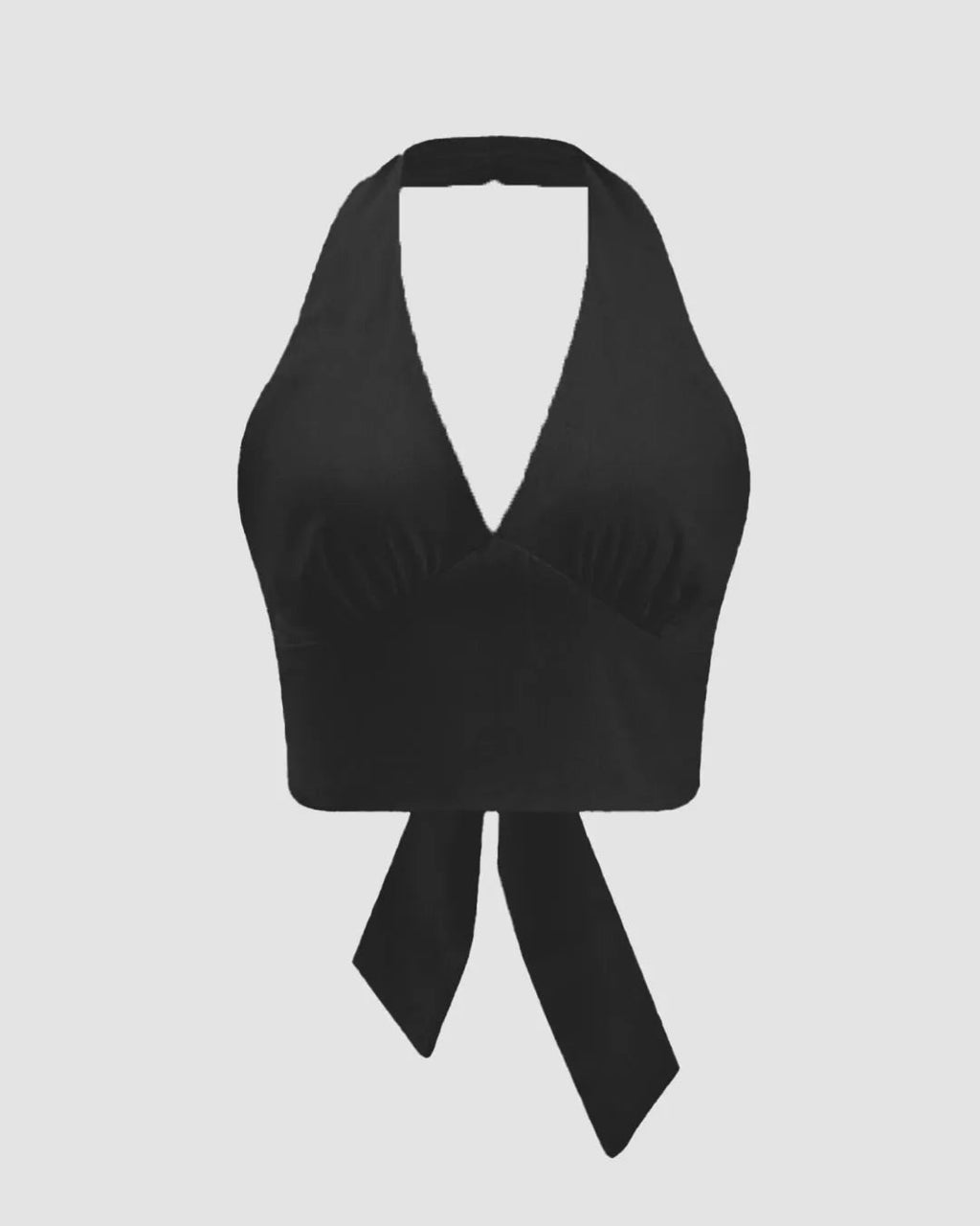 XS Solid Color Ruched Halter Neck Tie-Back Crop Top In Black CT98