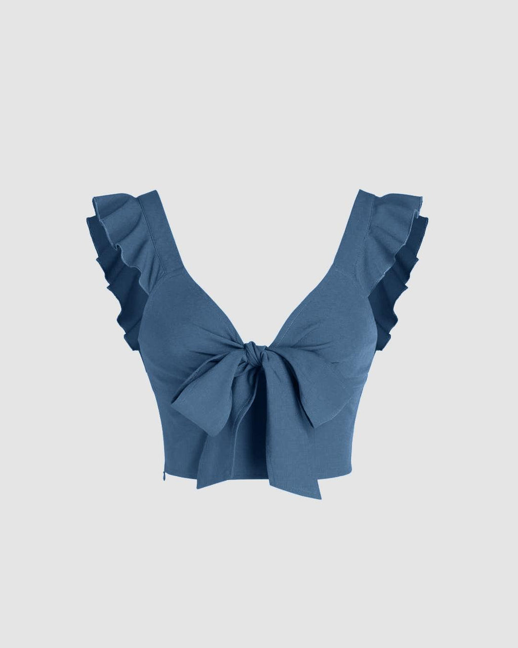 XS Solid V-Neck Ruffle Knotted Blue Crop Top CT98