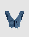 XS Solid V-Neck Ruffle Knotted Blue Crop Top CT98