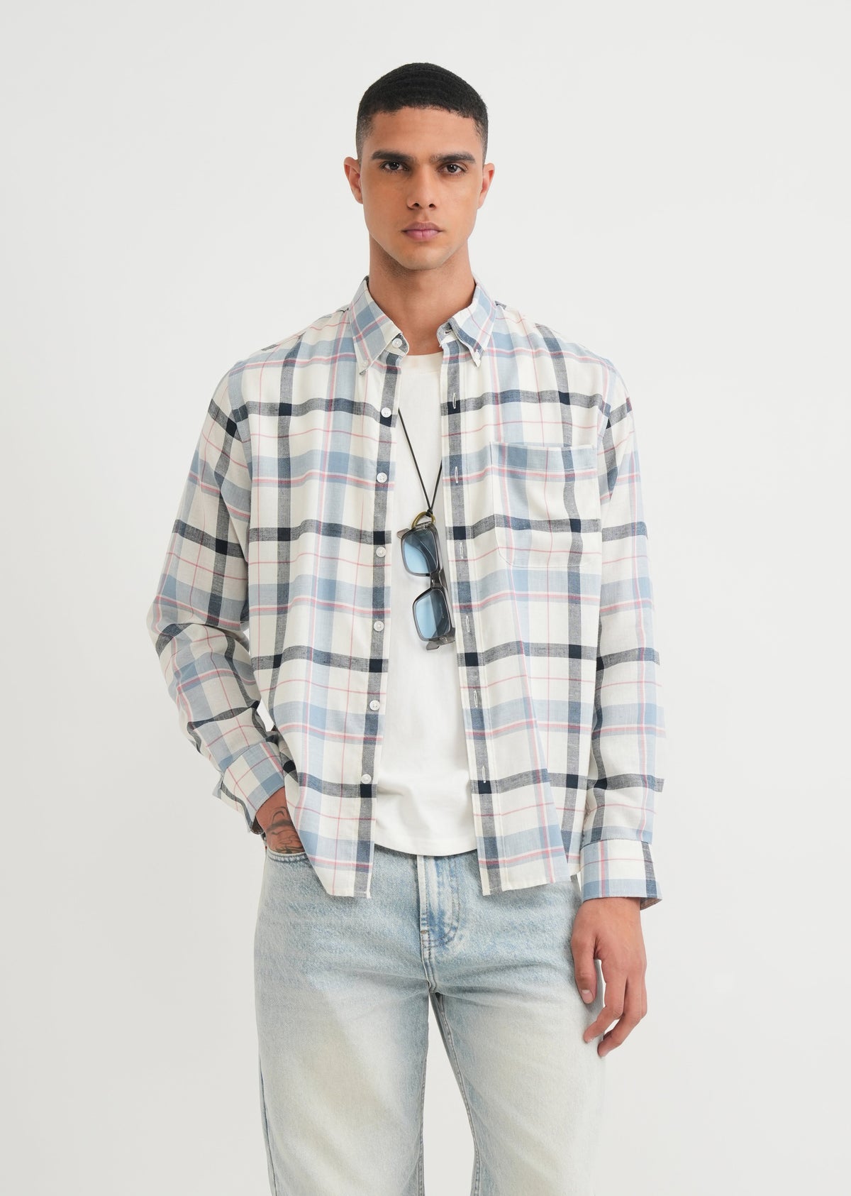 Steel Blue Lyocell Linen Check Shirt