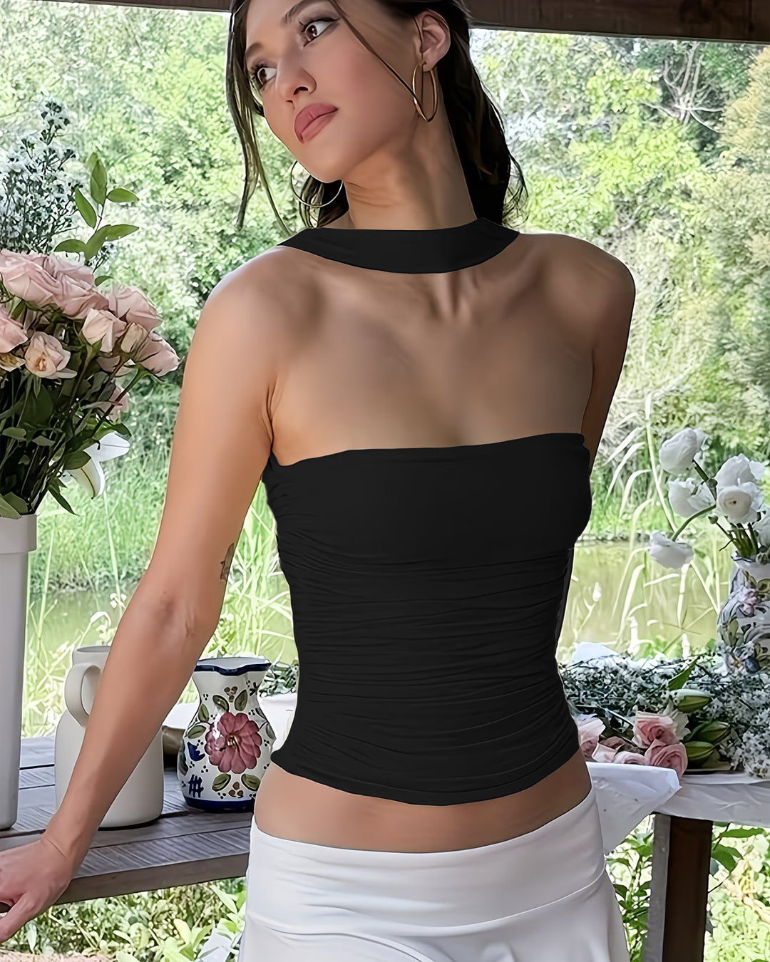 XS Strapless Ruched Bandeau Top With Scarf In Black CT98
