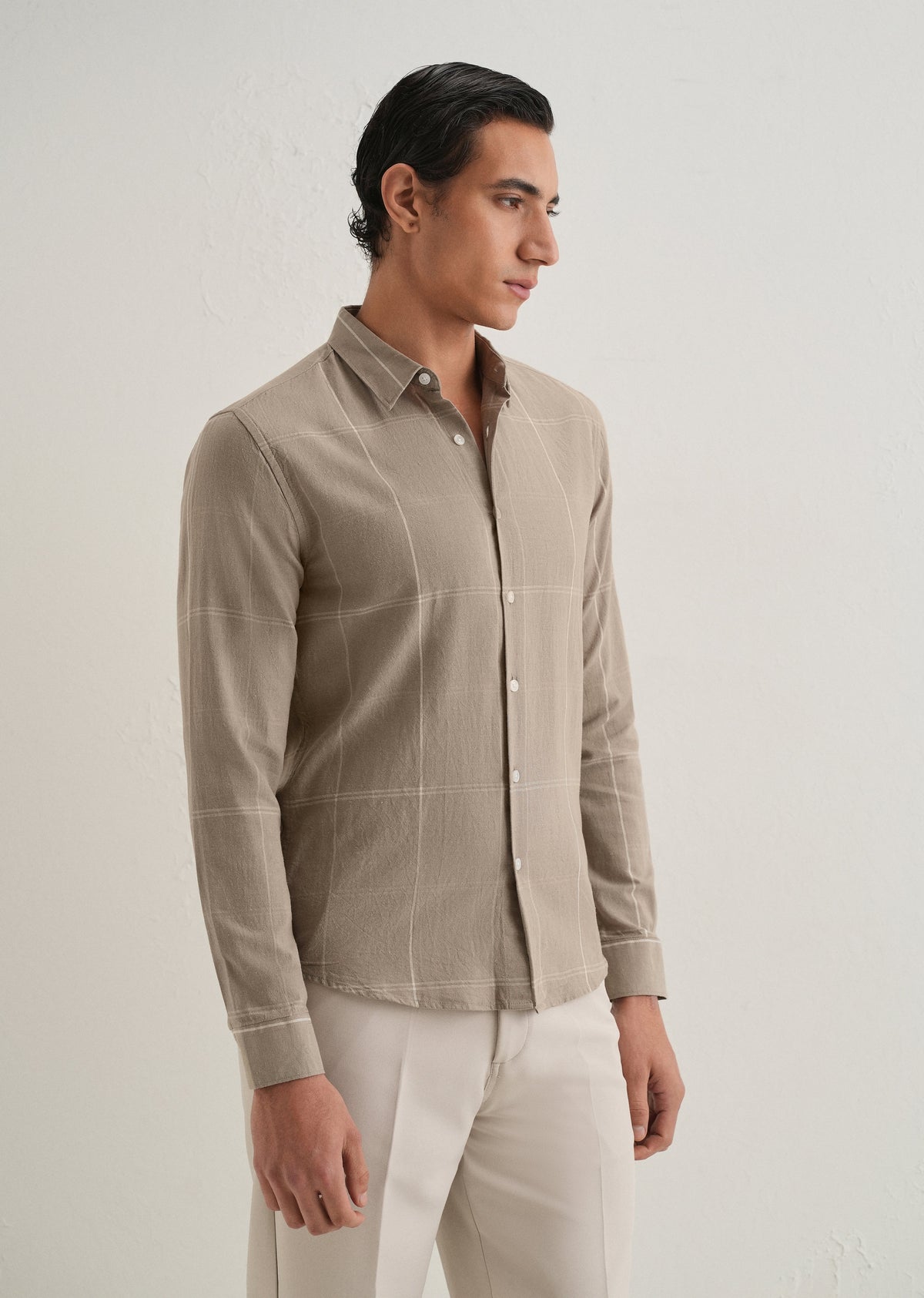 Tan Blended Linen Check Shirt