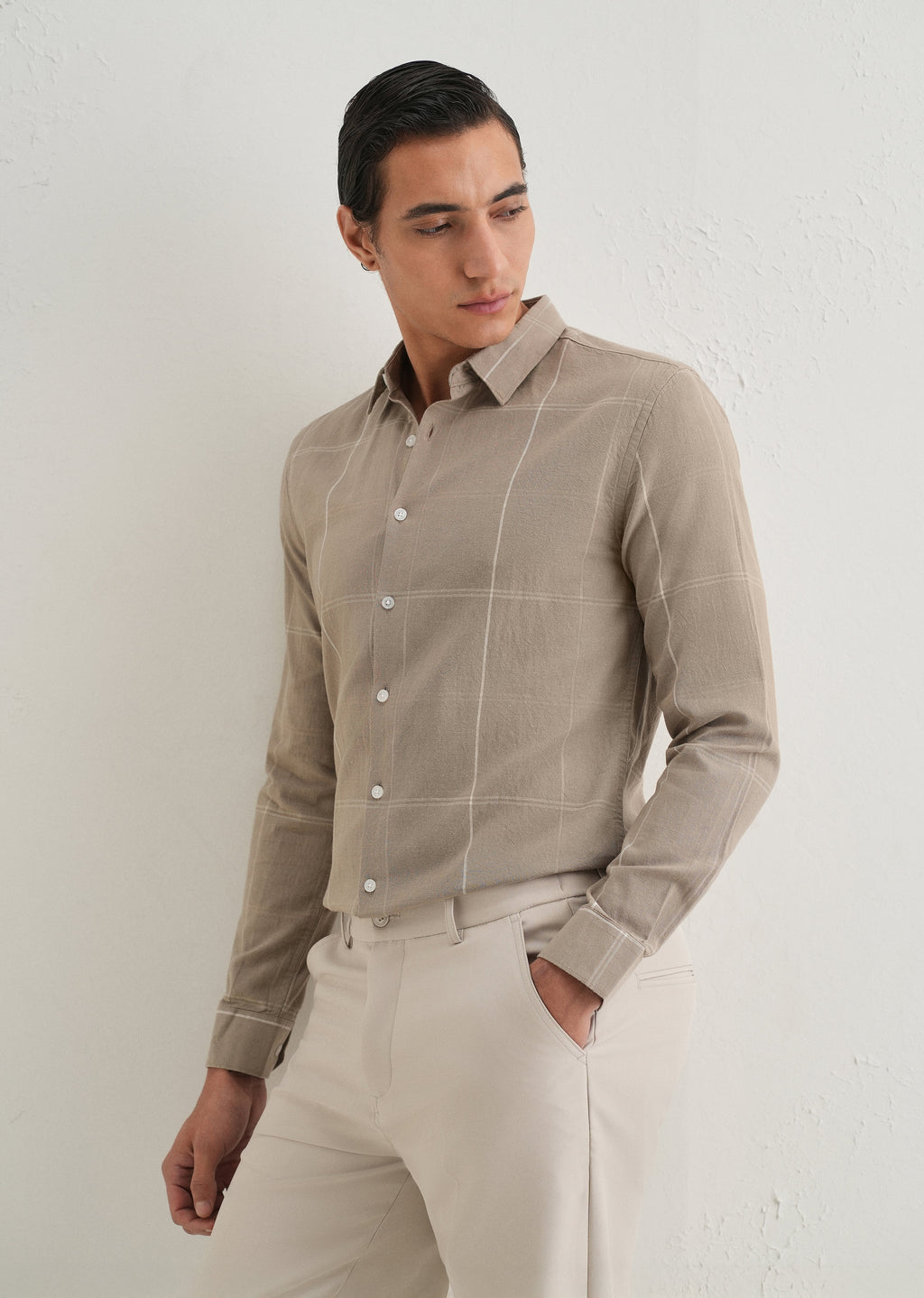 Tan Blended Linen Check Shirt