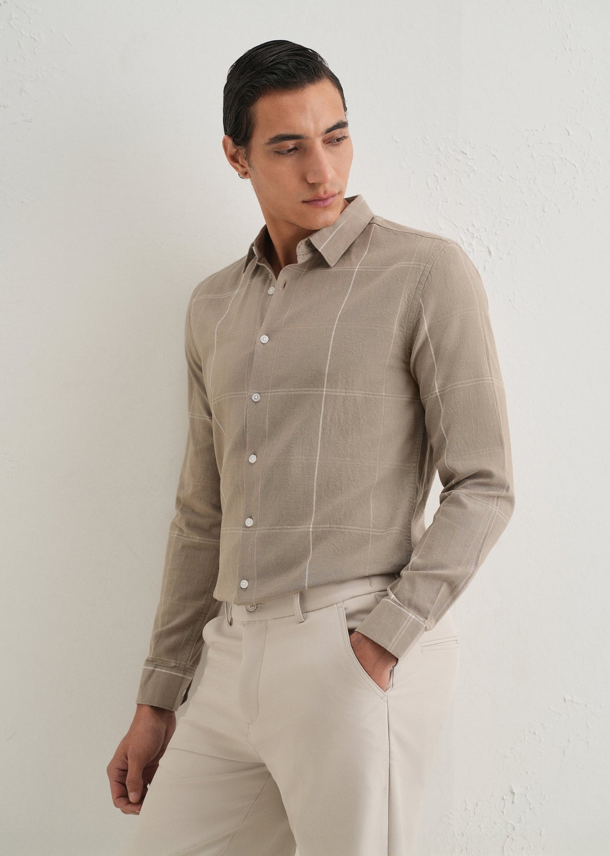 Tan Blended Linen Check Shirt