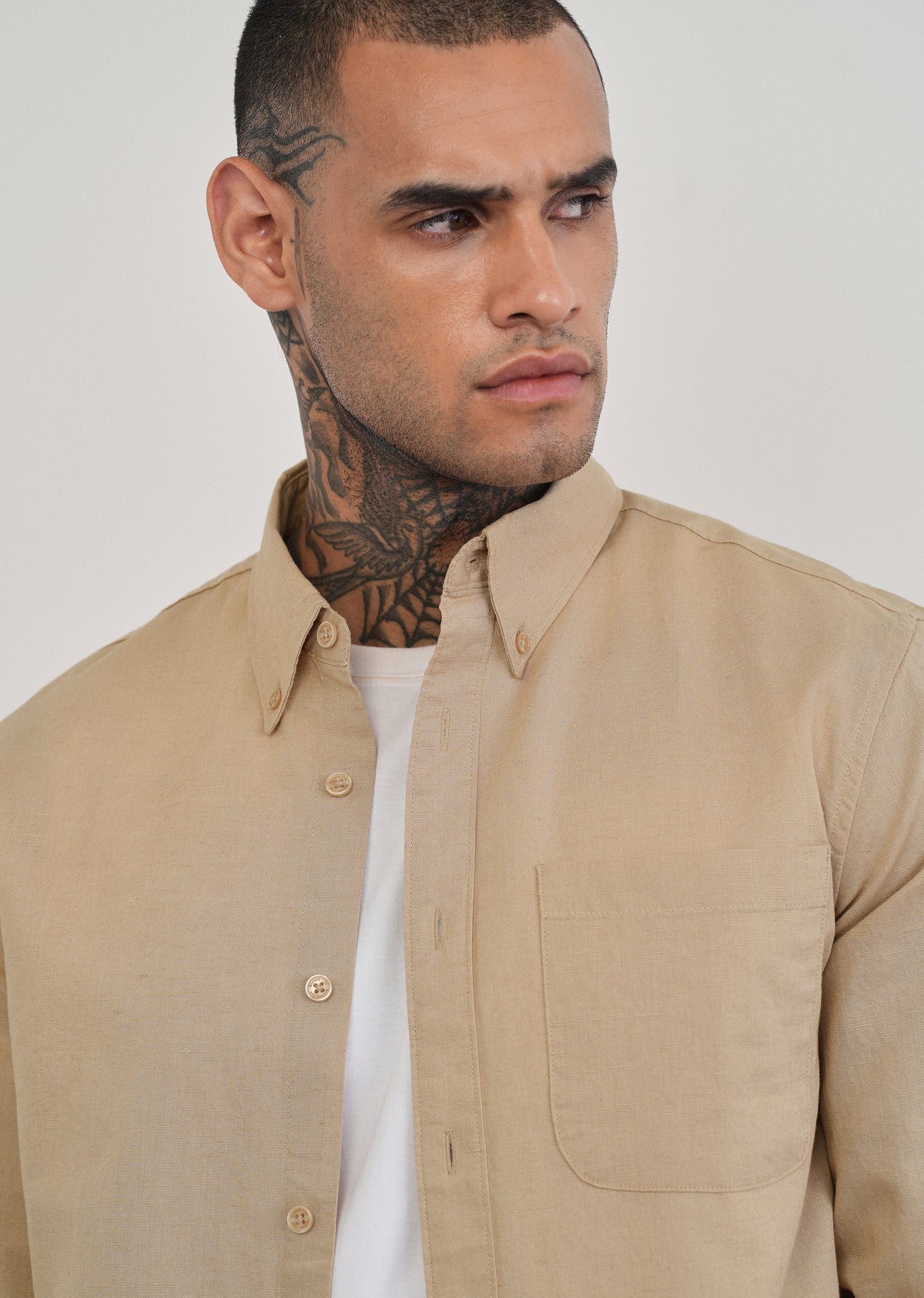 Beige Cotton Linen Plain Shirt