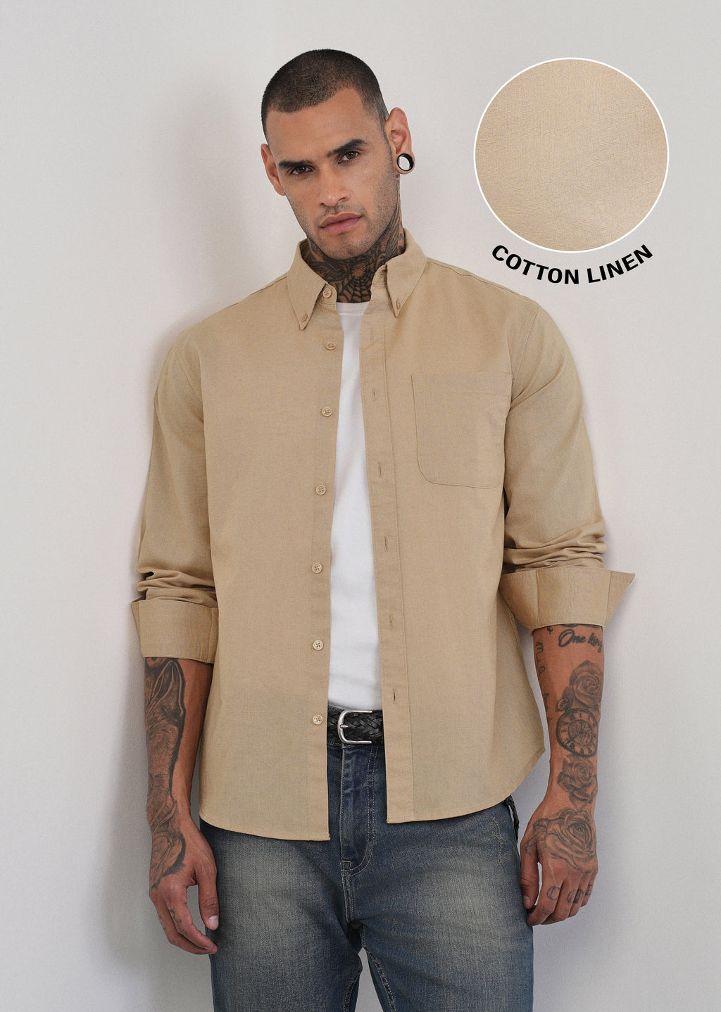 Beige Cotton Linen Plain Shirt