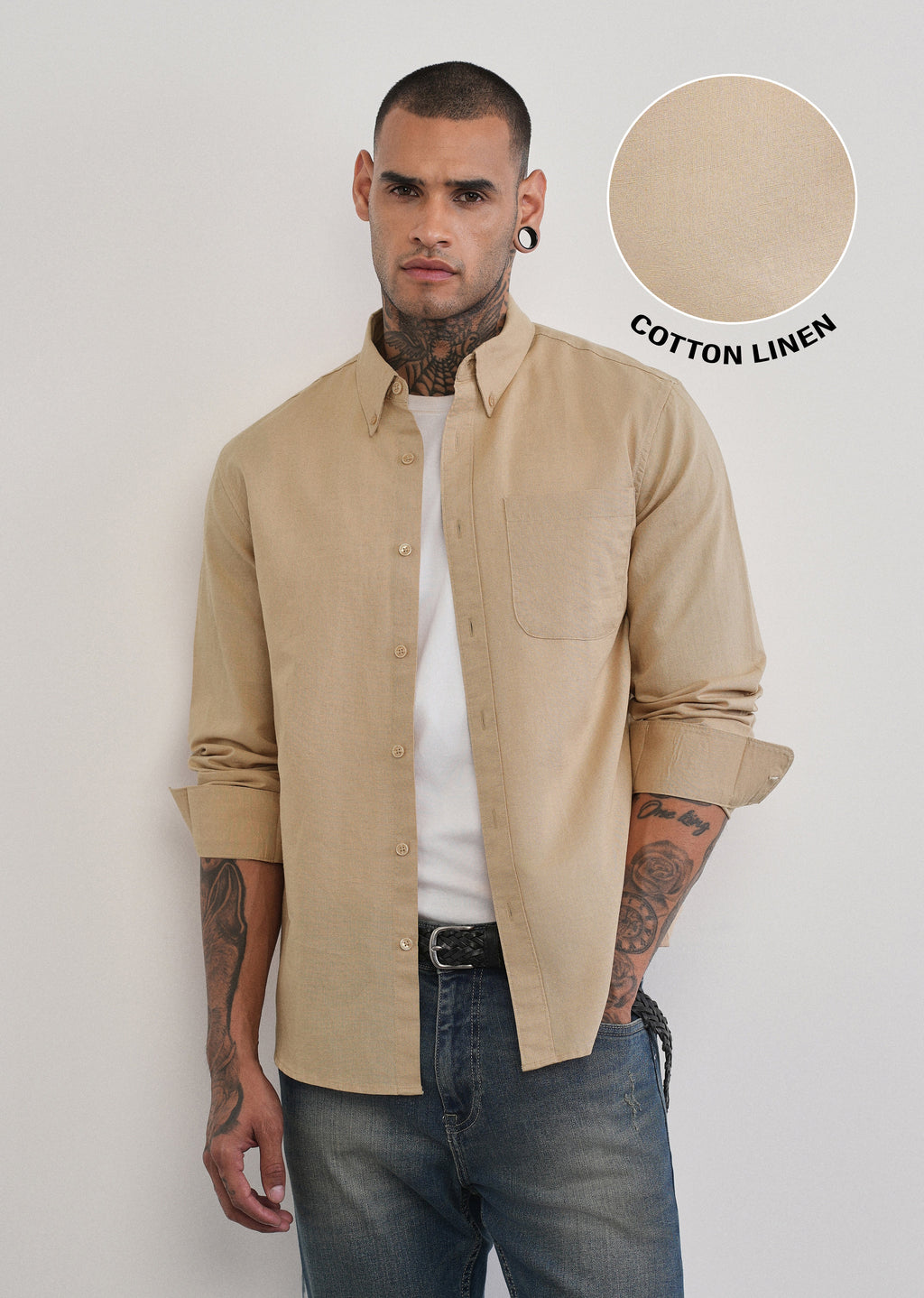 Beige Cotton Linen Plain Shirt