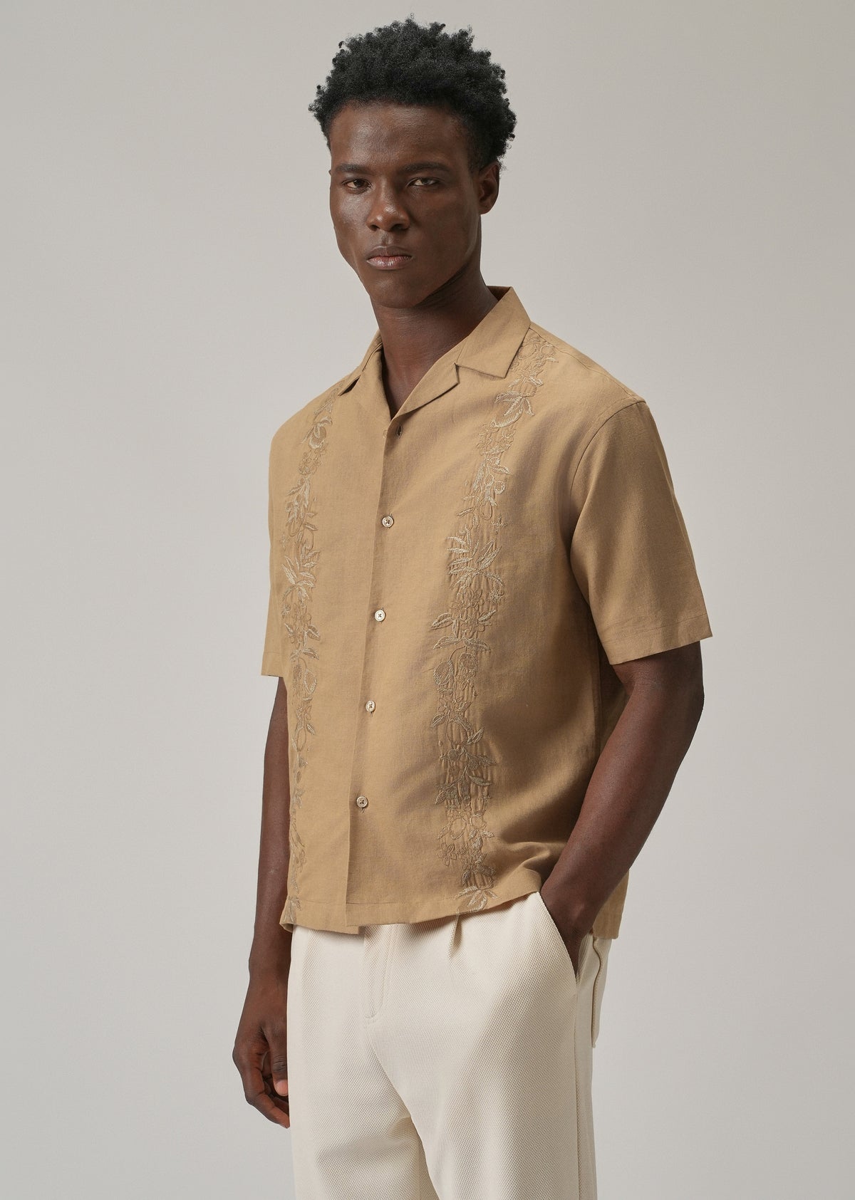 Tan Embroidery Linen Shirt
