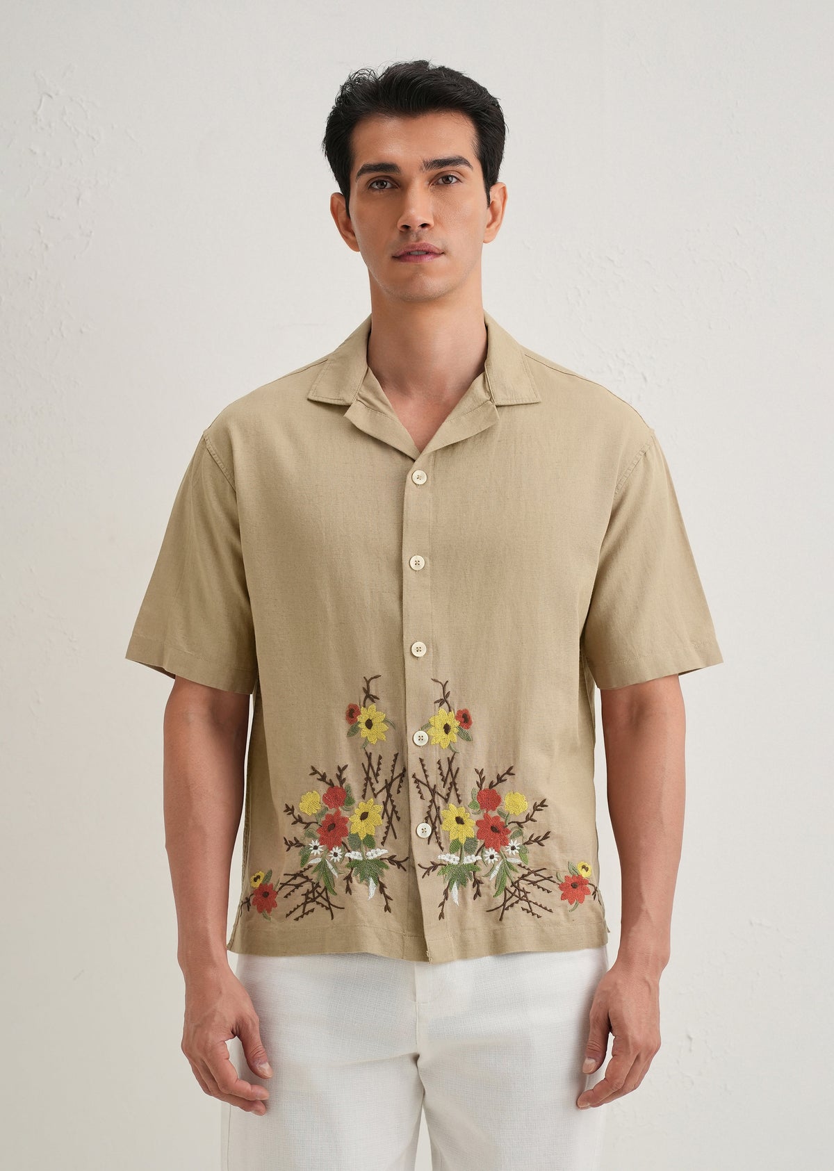 Tan Floral Embroidery Cotton Linen Shirt