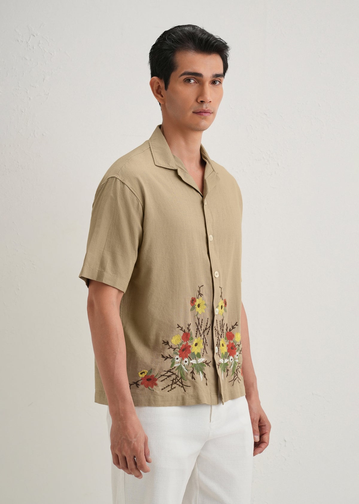 Tan Floral Embroidery Cotton Linen Shirt