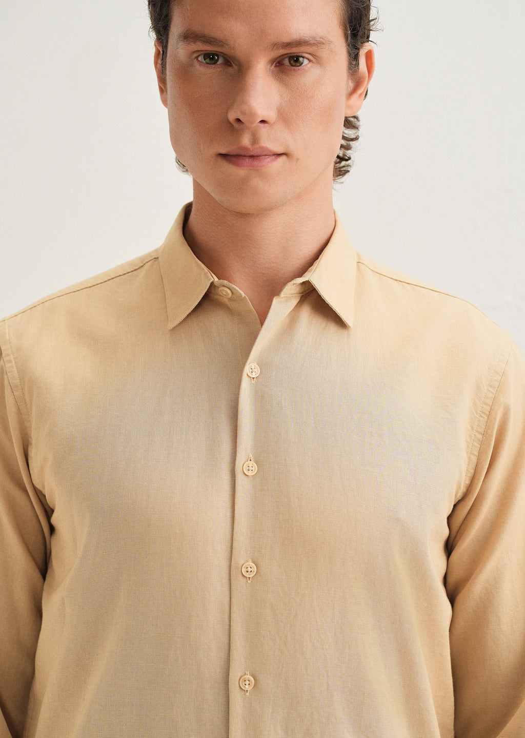 Tan Hidden Sleeve Placket Cotton Linen Shirt
