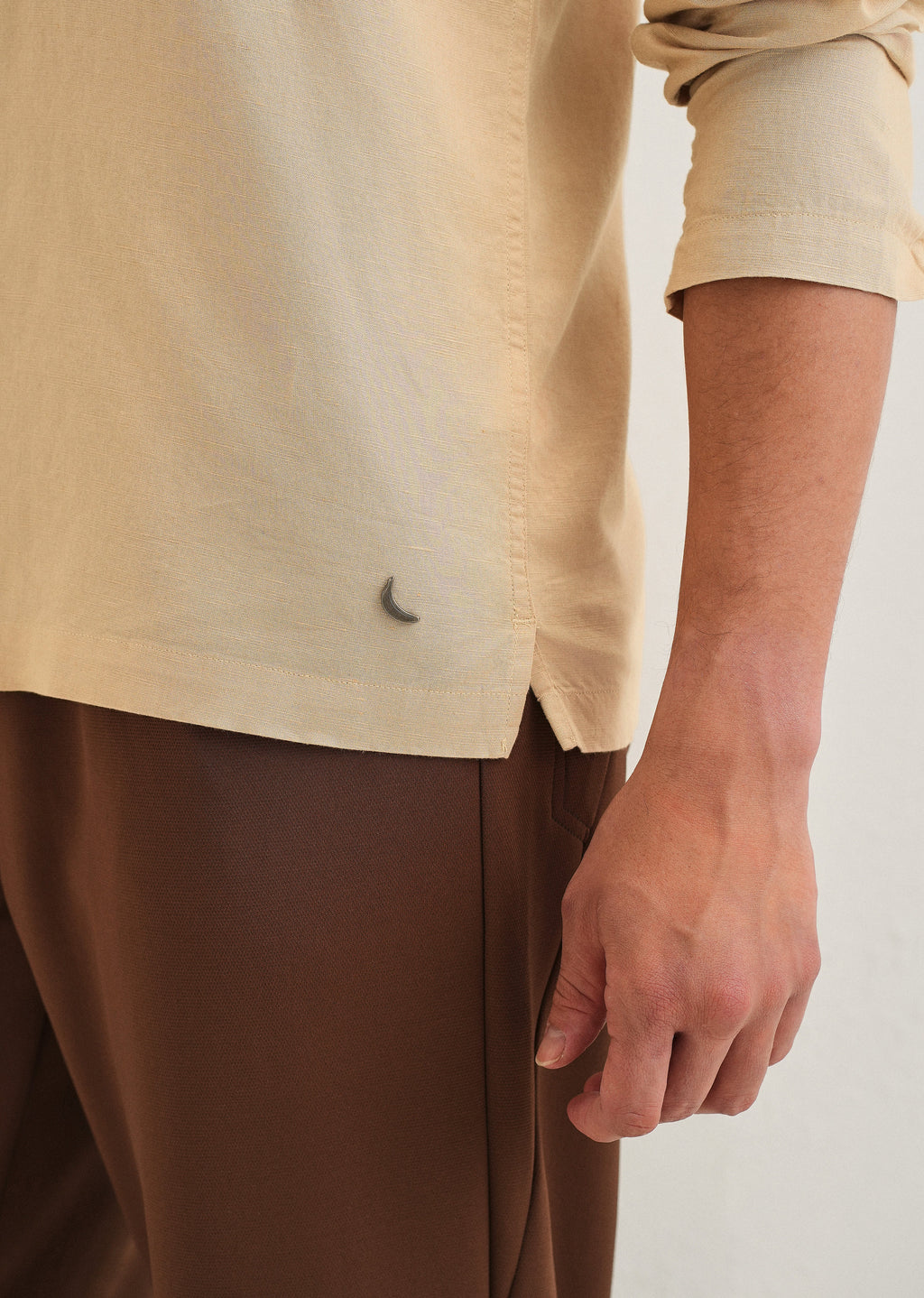 Tan Hidden Sleeve Placket Cotton Linen Shirt