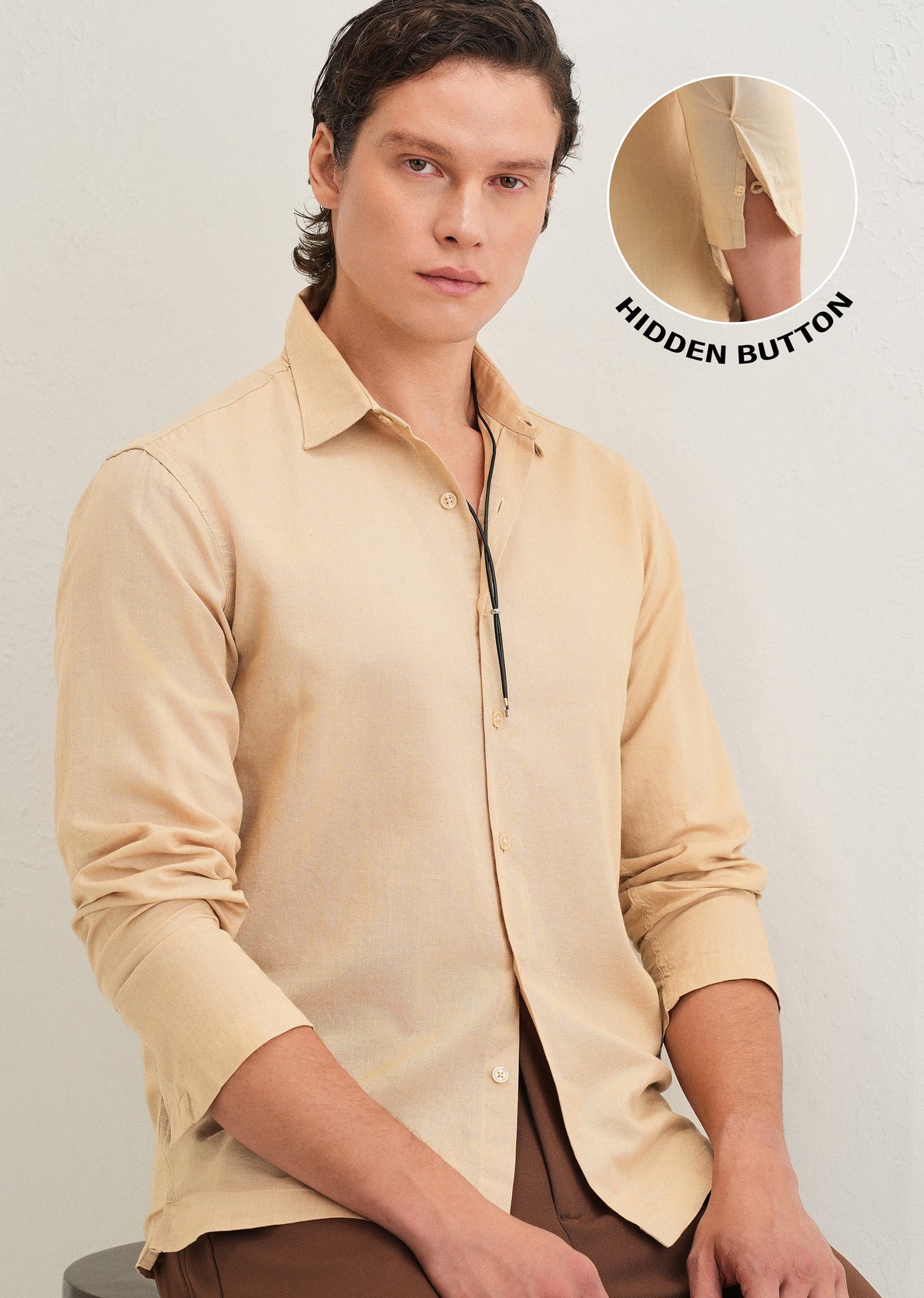 Tan Hidden Sleeve Placket Cotton Linen Shirt