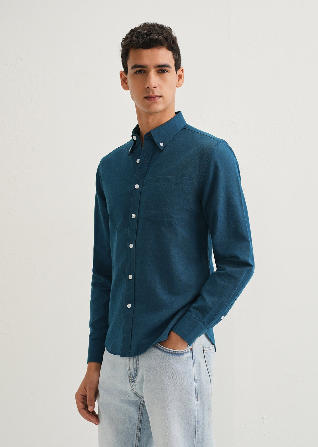 Teal Blue Cotton Linen Shirt
