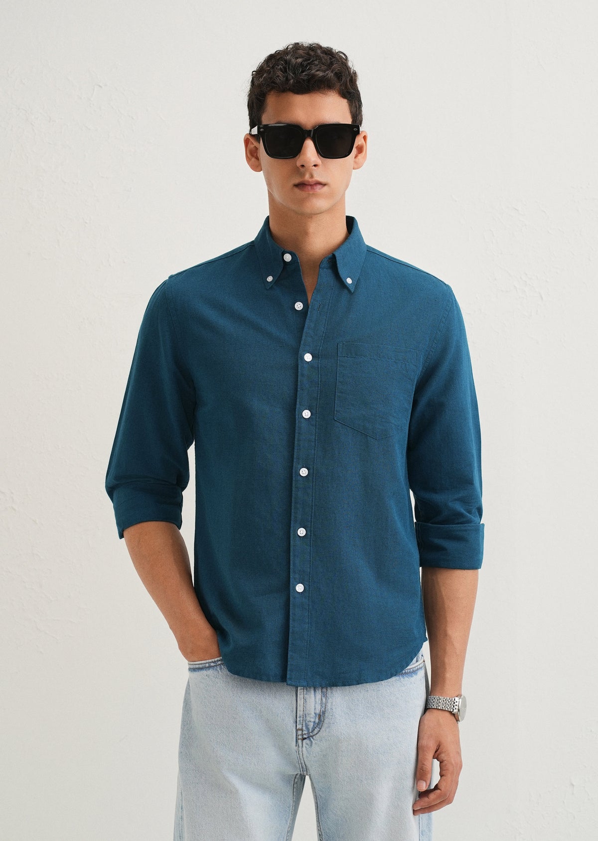 Teal Blue Cotton Linen Shirt