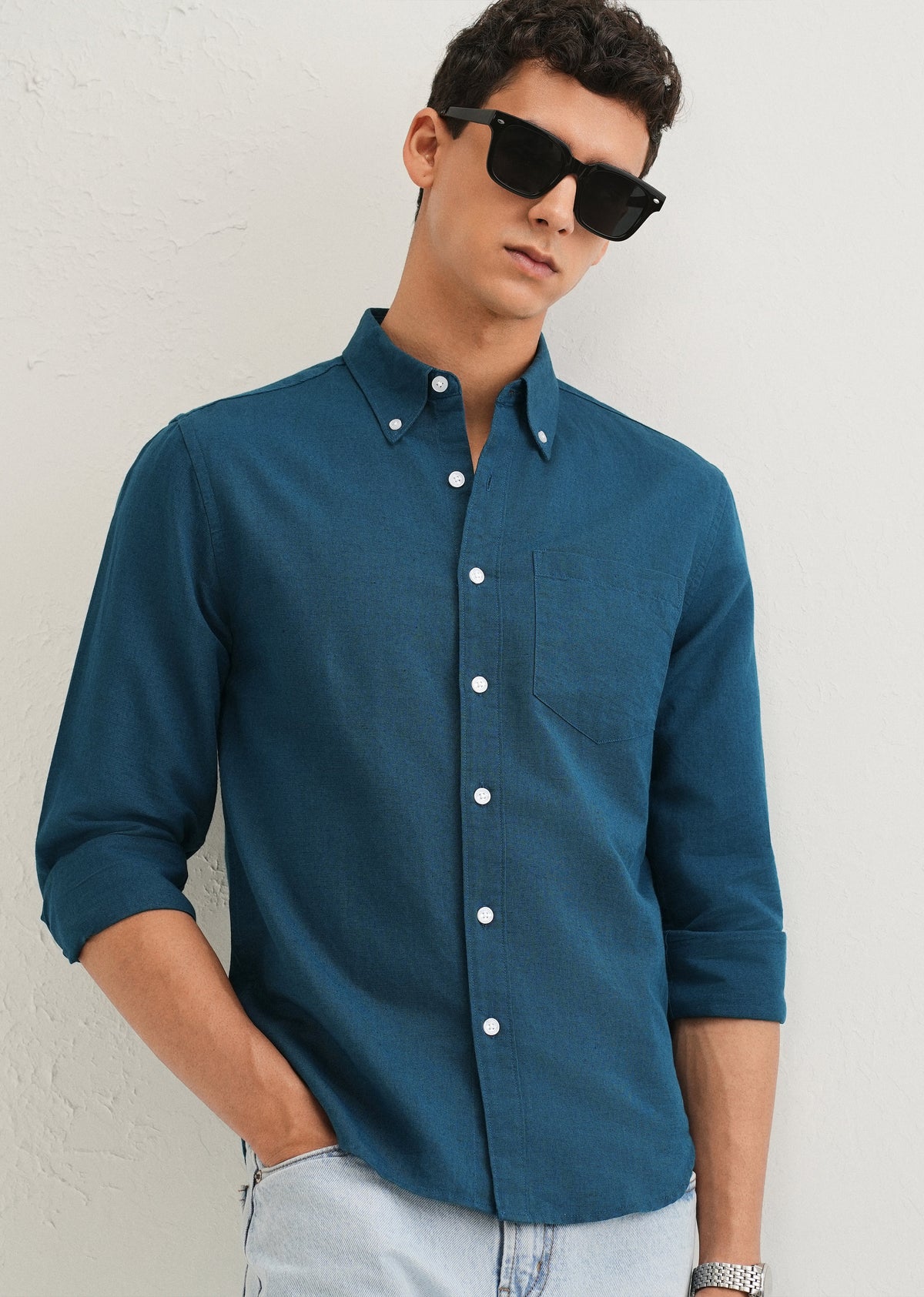 Teal Blue Cotton Linen Shirt