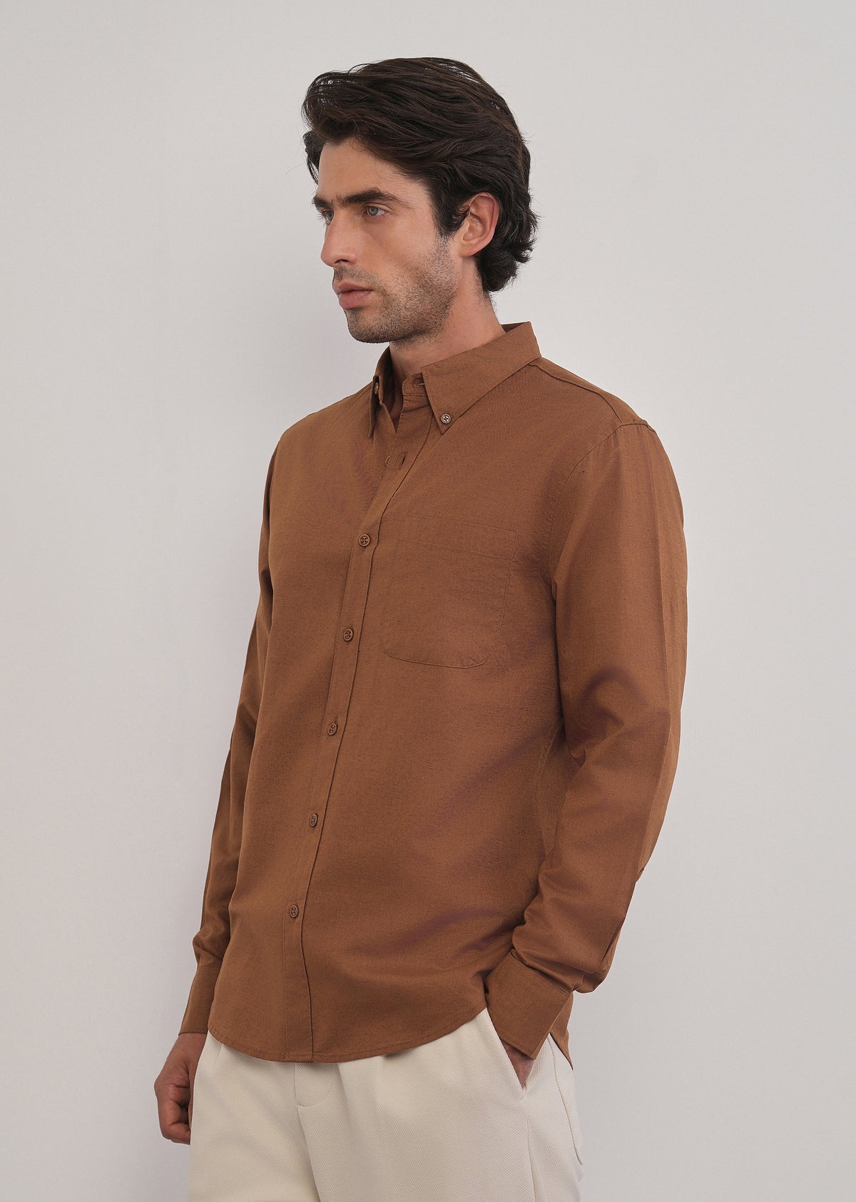 Terracotta Brown Cotton Linen Plain Shirt
