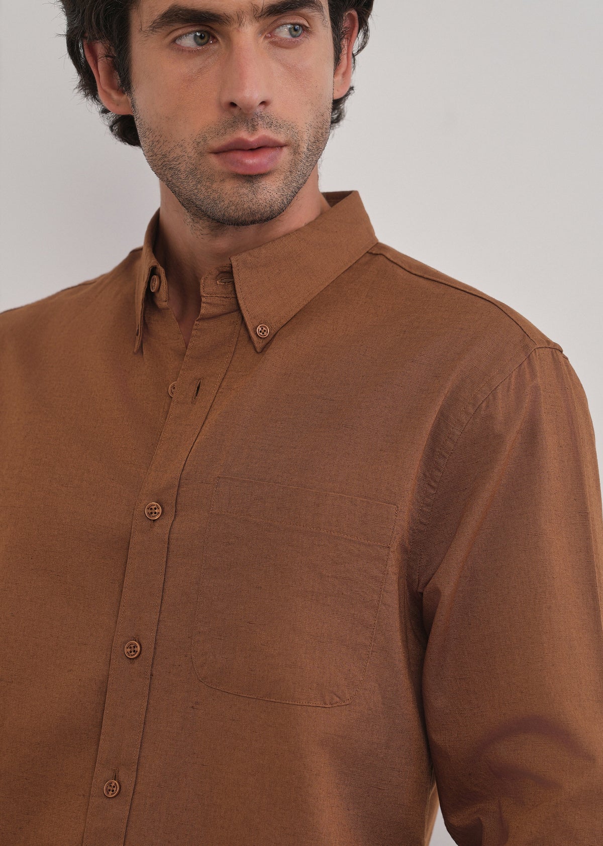 Terracotta Brown Cotton Linen Plain Shirt